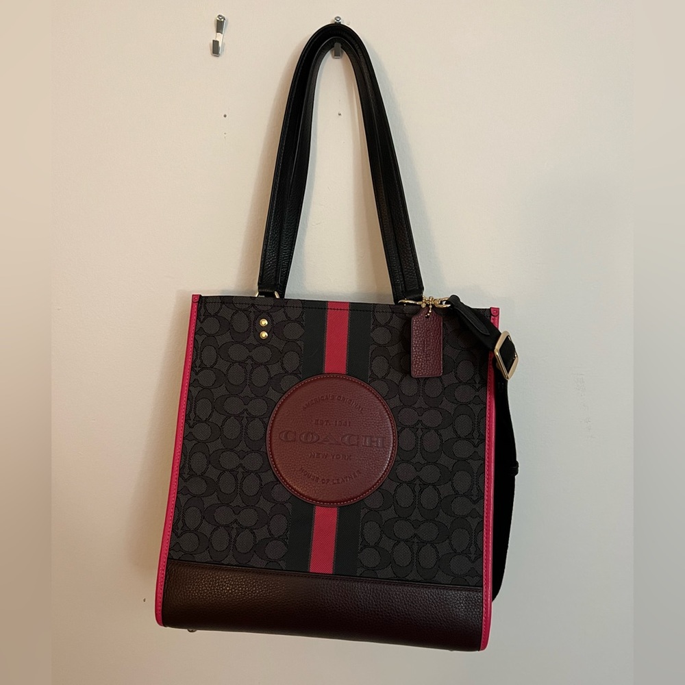 Coach Dempsey Tote in signature jacquard tote with stripe
